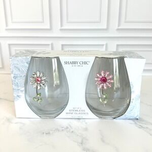 NEW PAIR (2) Shabby Chic Acrylic Stemless Wine Glasses Floral Jewels 16 oz